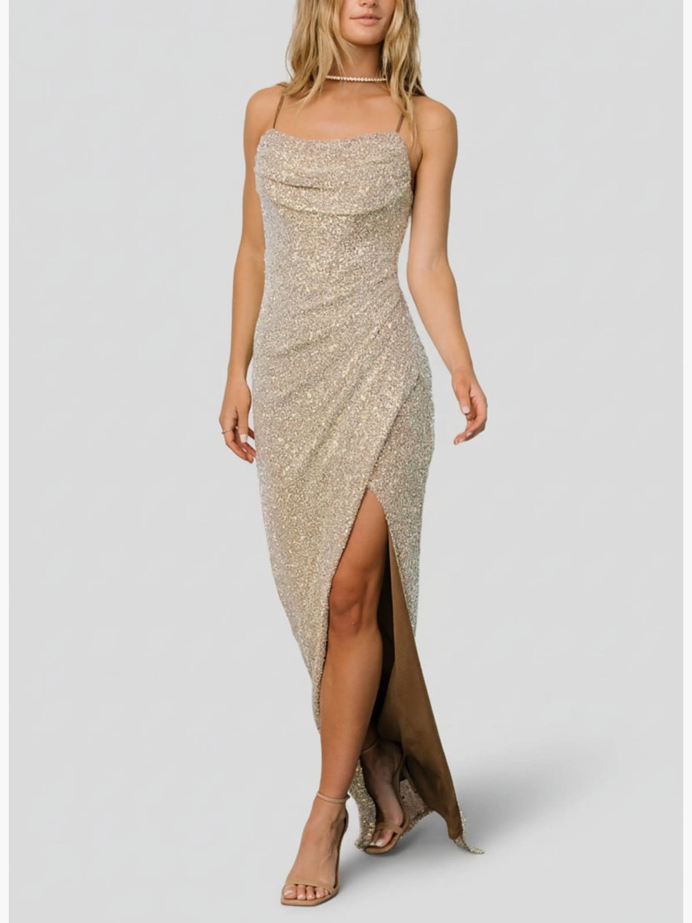 BALTIC BORN Melania Sequin Cowl Neck Maxi Formal Gown Dress Natural Champagne M